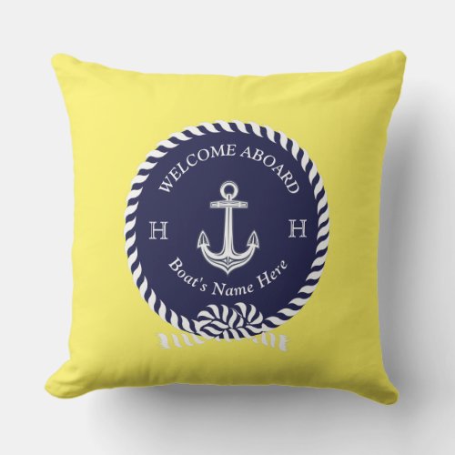 Nautical Boat Name Anchor Rope Navy Blue Welcome Outdoor Pillow