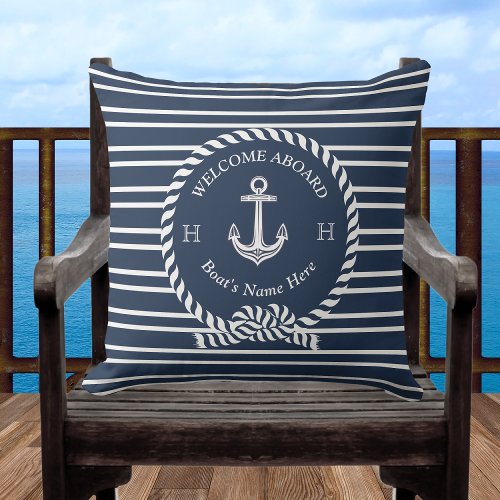 Nautical Boat Name Anchor Rope Navy Blue Welcome Outdoor Pillow