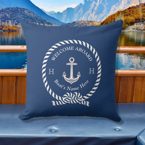 Nautical Boat Name Anchor Rope Navy Blue Welcome  Outdoor Pillow