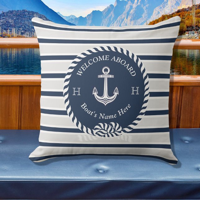 Nautical Boat Name Anchor Rope Navy Blue Welcome  Outdoor Pillow (Creator Uploaded)