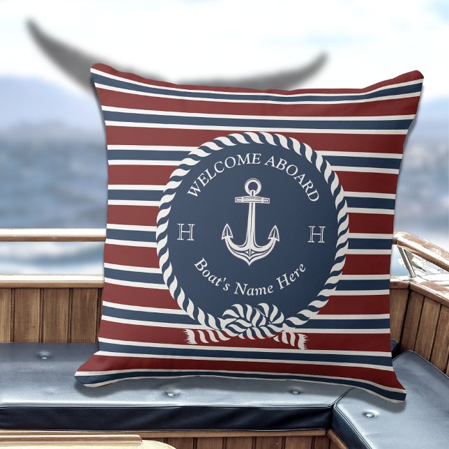 Nautical Boat Name Anchor Rope Navy Blue  Welcome  Outdoor Pillow (Creator Uploaded)
