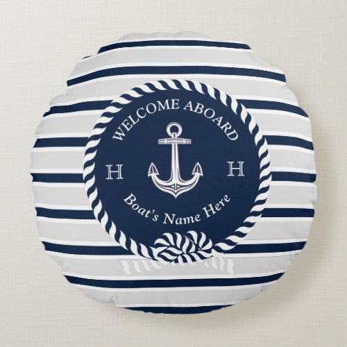 Nautical Boat Name Anchor Rope Navy Blue Welcome  Round Pillow