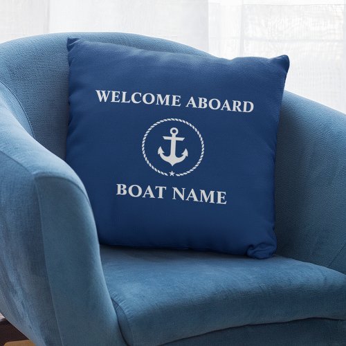 Nautical Boat Name Anchor Rope Navy Blue Welcome Throw Pillow