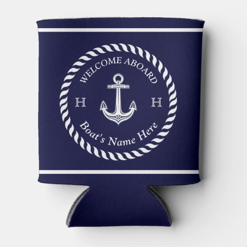 Nautical Boat Name Anchor Rope Navy Blue White  Can Cooler