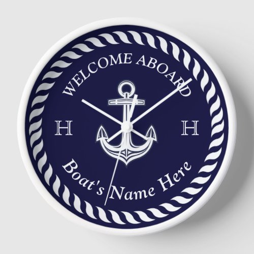 Nautical Boat Name Anchor Rope Navy Blue White  Clock