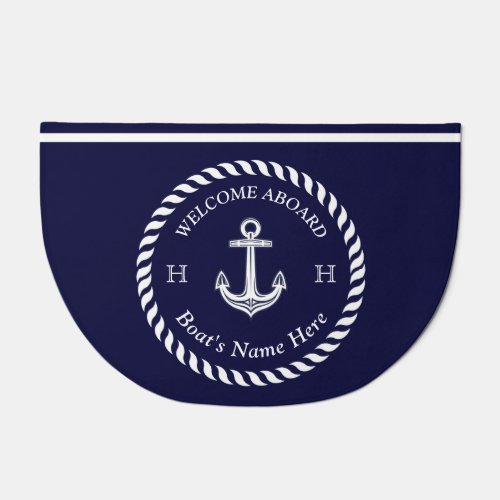 Nautical Boat Name Anchor Rope Navy Blue White  Doormat