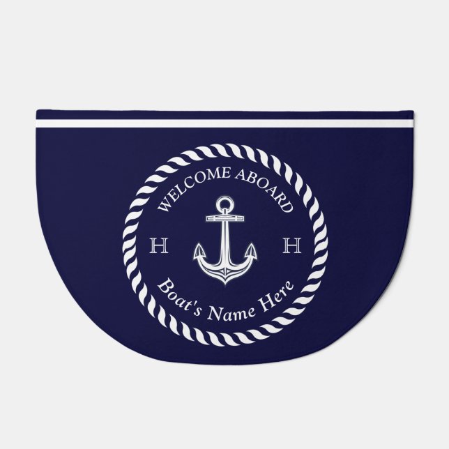 Nautical Boat Name Anchor Rope Navy Blue White  Doormat (Front)