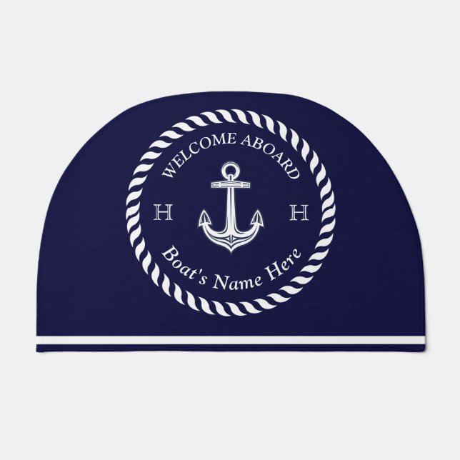 Nautical Boat Name Anchor Rope Navy Blue White  Doormat (Front)