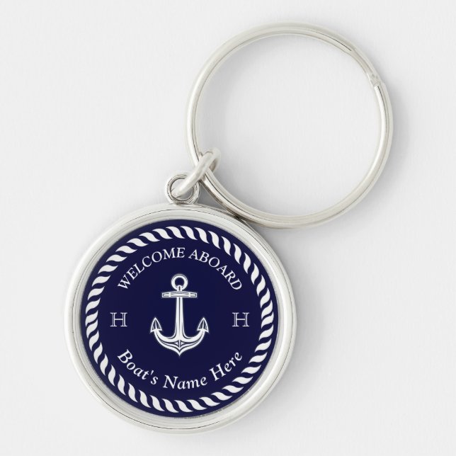 Nautical Boat Name Anchor Rope Navy Blue White  Keychain (Front)