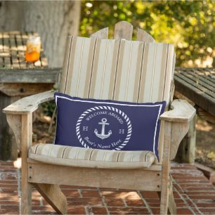 Nautical Boat Name Anchor Rope Navy Blue White Lumbar Pillow