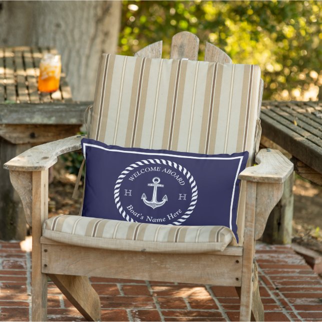 Nautical Boat Name Anchor Rope Navy Blue White  Lumbar Pillow (Chair)