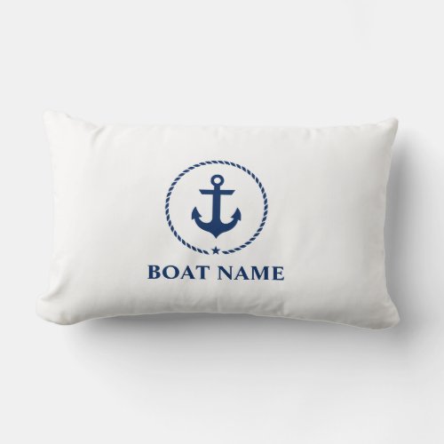 Nautical Boat Name Anchor Rope Navy Blue White Lumbar Pillow
