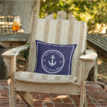 Nautical Boat Name Anchor Rope Navy Blue White  Outdoor Pillow<br><div class="desc">Nautical Boat Name Anchor Rope Navy Blue and White Welcome Aboard Outdoor Pillow</div>
