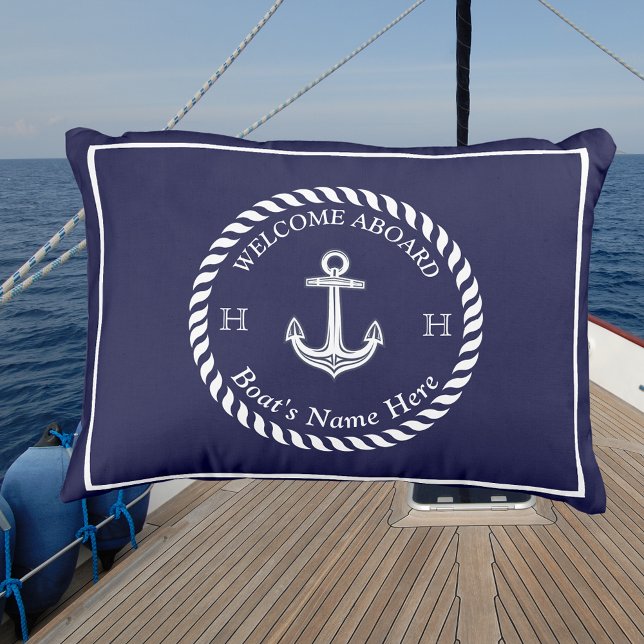 Nautical Boat Name Anchor Rope Navy Blue White  Outdoor Pillow (Creator Uploaded)