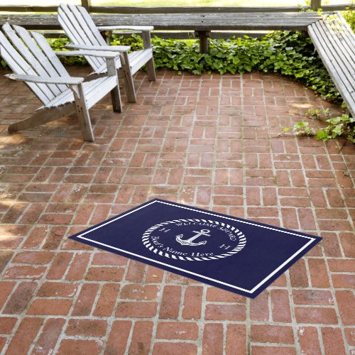 Nautical Boat Name Anchor Rope Navy Blue White  Outdoor Rug