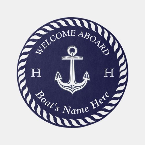 Nautical Boat Name Anchor Rope Navy Blue White  Outdoor Rug