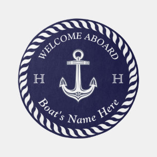 Nautical Boat Name Anchor Rope Navy Blue White Outdoor Rug