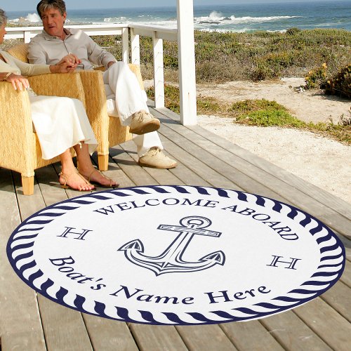 Nautical Boat Name Anchor Rope Navy Blue White  Outdoor Rug