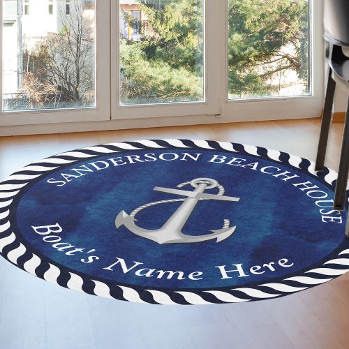 Nautical Boat Name Anchor Rope Navy Blue White Outdoor Rug