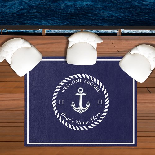 Nautical Boat Name Anchor Rope Navy Blue White  Outdoor Rug