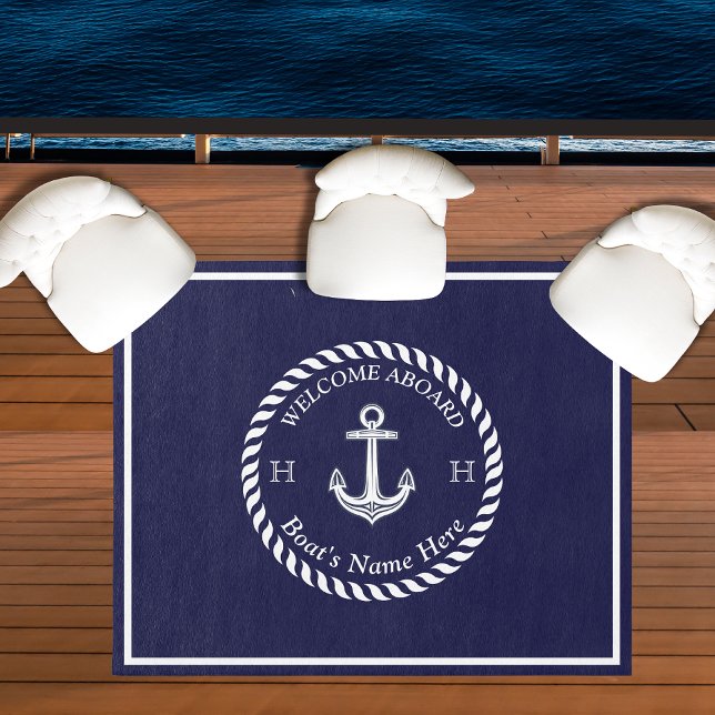 Nautical Boat Name Anchor Rope Navy Blue White  Outdoor Rug (Creator Uploaded)