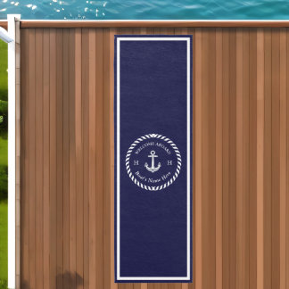 Nautical Boat Name Anchor Rope Navy Blue White Outdoor Rug