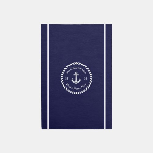 Nautical Boat Name Anchor Rope Navy Blue White  Outdoor Rug