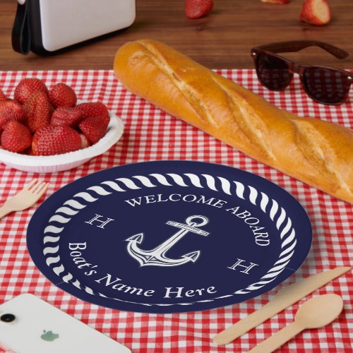 Nautical Boat Name Anchor Rope Navy Blue White  Paper Plates