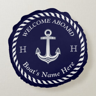 Nautical Boat Name Anchor Rope Navy Blue White Round Pillow