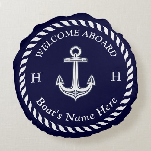 Nautical Boat Name Anchor Rope Navy Blue White  Round Pillow