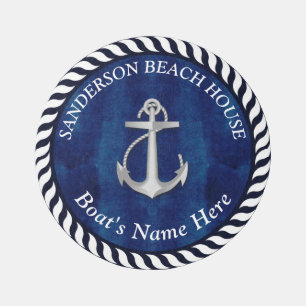 Nautical Boat Name Anchor Rope Navy Blue White Rug