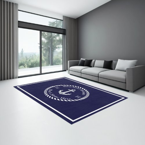 Nautical Boat Name Anchor Rope Navy Blue White  Rug