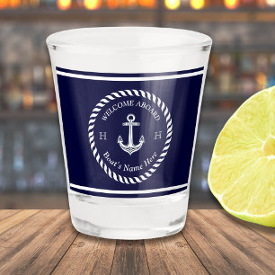 Nautical Boat Name Anchor Rope Navy Blue White Shot Glass