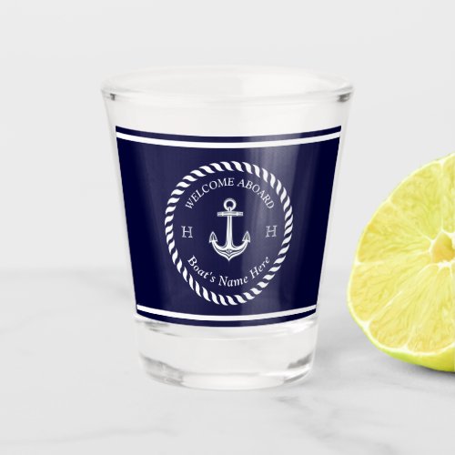 Nautical Boat Name Anchor Rope Navy Blue White  Shot Glass
