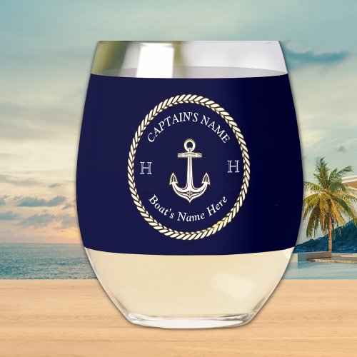 Nautical Boat Name Anchor Rope Navy Blue White  Stemless Wine Glass