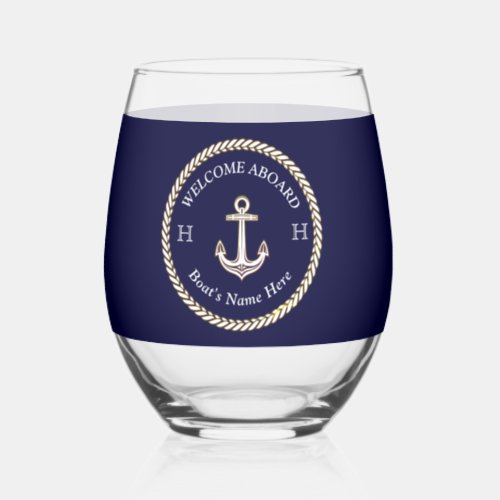 Nautical Boat Name Anchor Rope Navy Blue White  Stemless Wine Glass
