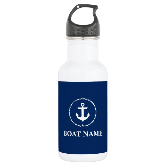 Nautical Boat Name Anchor Rope Navy Blue White Water Bottle (Front)