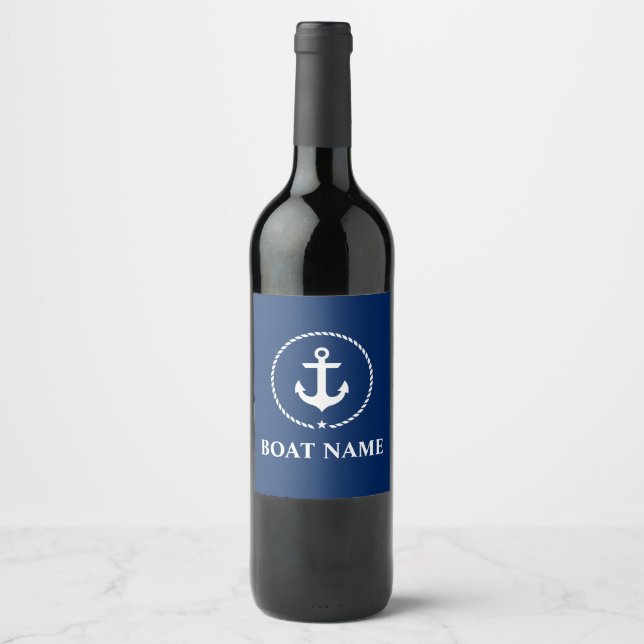 Nautical Boat Name Anchor Rope Navy Blue Wine Label (Front)