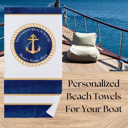 Nautical Boat Name Anchor Rope Navy Blue Yellow Beach Towel