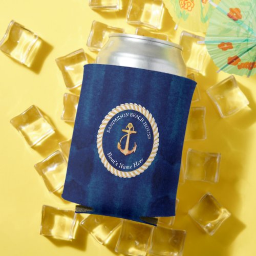 Nautical Boat Name Anchor Rope Navy Blue Yellow Can Cooler