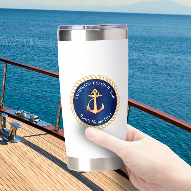 Nautical Boat Name Anchor Rope Navy Blue Yellow Insulated Tumbler (Creator Uploaded)