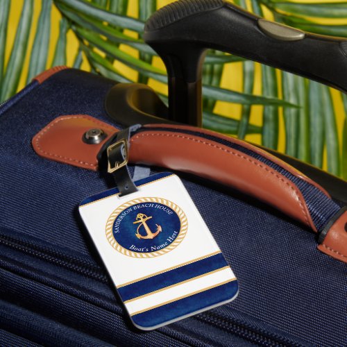 Nautical Boat Name Anchor Rope Navy Blue Yellow Luggage Tag