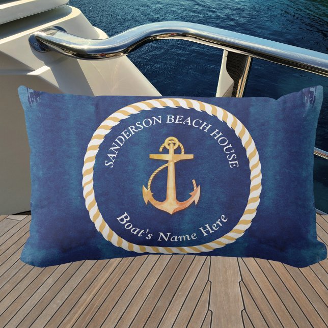 Nautical Boat Name Anchor Rope Navy Blue Yellow Lumbar Pillow (Creator Uploaded)