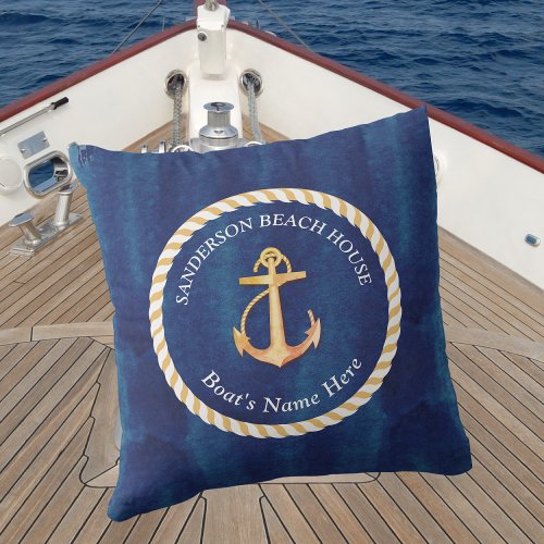 Nautical Boat Name Anchor Rope Navy Blue Yellow Outdoor Pillow
