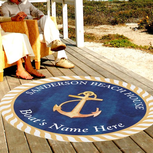 Nautical Boat Name Anchor Rope Navy Blue Yellow Outdoor Rug