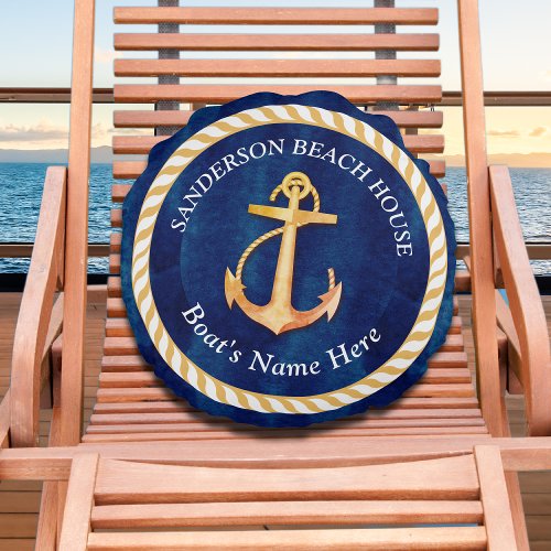 Nautical Boat Name Anchor Rope Navy Blue Yellow Round Pillow