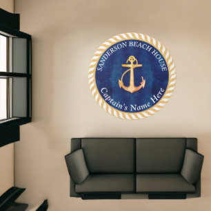Nautical Boat Name Anchor Rope Navy Blue Yellow Rug