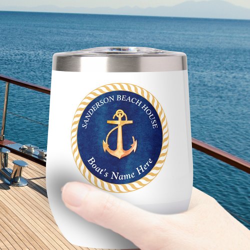 Nautical Boat Name Anchor Rope Navy Blue Yellow Thermal Wine Tumbler