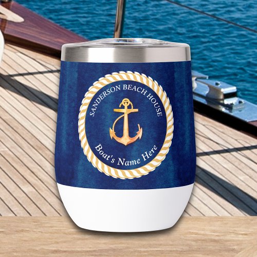 Nautical Boat Name Anchor Rope Navy Blue Yellow Thermal Wine Tumbler