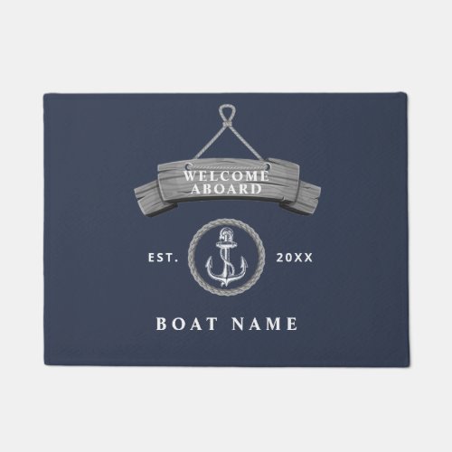 Nautical boat name anchor rope navy rustic doormat